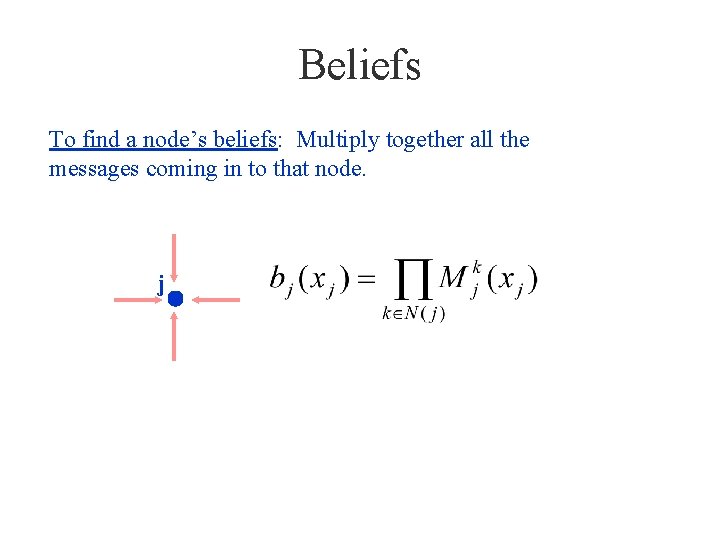 Beliefs To find a node’s beliefs: Multiply together all the messages coming in to