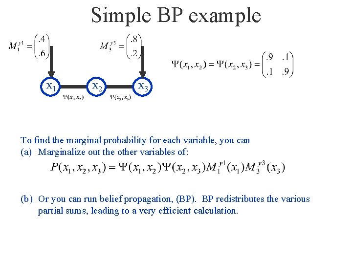 Simple BP example x 1 x 2 x 3 To find the marginal probability