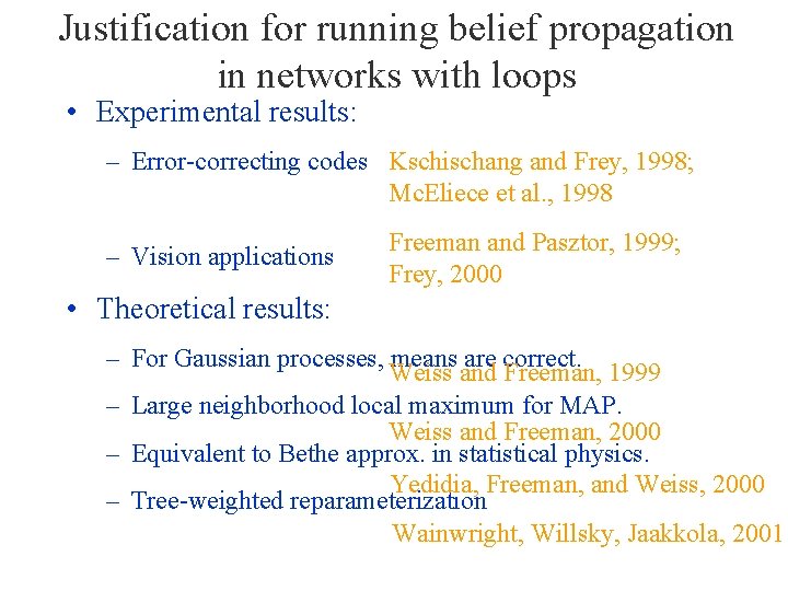 Justification for running belief propagation in networks with loops • Experimental results: – Error-correcting