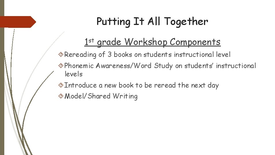Putting It All Together 1 st grade Workshop Components Rereading of 3 books on