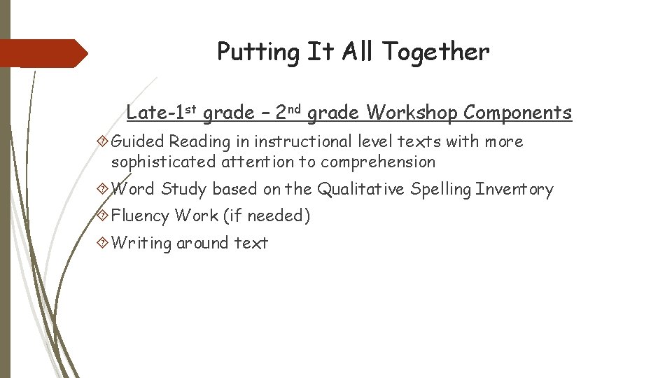 Putting It All Together Late-1 st grade – 2 nd grade Workshop Components Guided