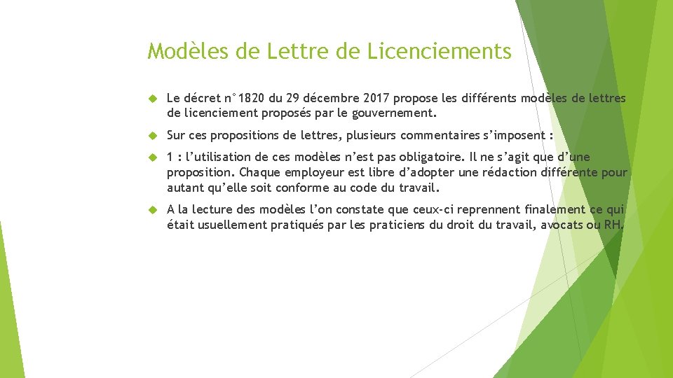 Modèles de Lettre de Licenciements Le décret n° 1820 du 29 décembre 2017 propose