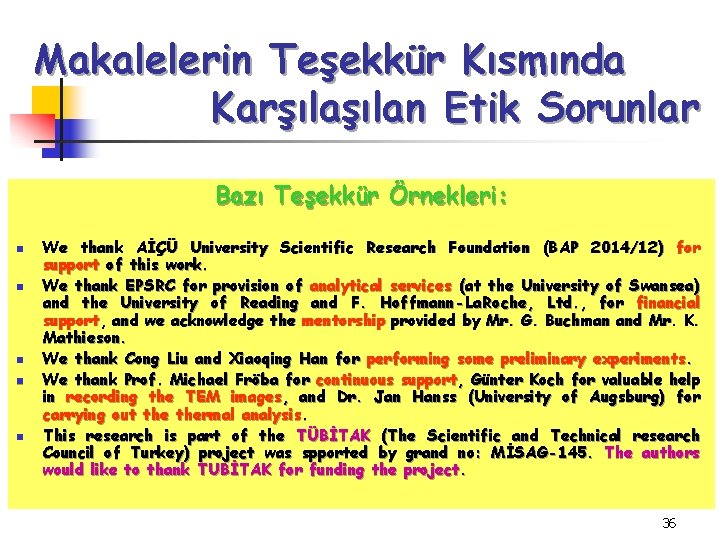 Makalelerin Teşekkür Kısmında Karşılan Etik Sorunlar Bazı Teşekkür Örnekleri: n n n We thank