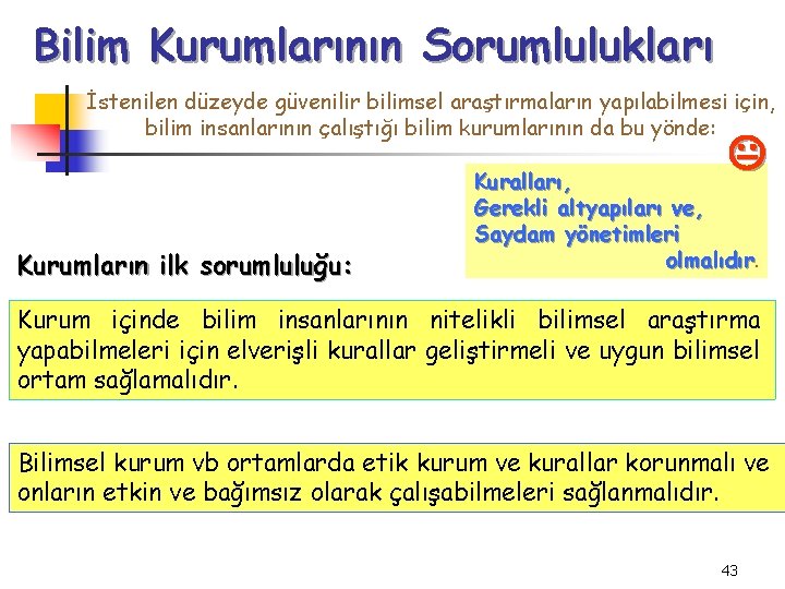 Bilim Kurumlarının Sorumlulukları İstenilen düzeyde güvenilir bilimsel araştırmaların yapılabilmesi için, bilim insanlarının çalıştığı bilim