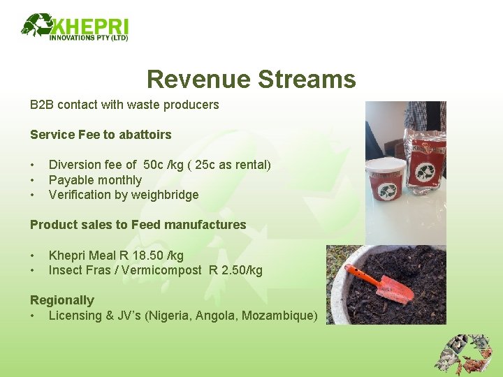 Revenue Streams B 2 B contact with waste producers Service Fee to abattoirs •