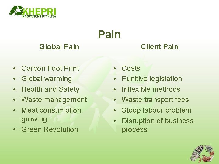 Pain Global Pain • • • Carbon Foot Print Global warming Health and Safety