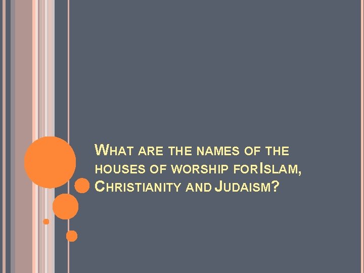 WHAT ARE THE NAMES OF THE HOUSES OF WORSHIP FOR ISLAM, CHRISTIANITY AND JUDAISM?