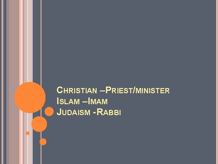 CHRISTIAN – PRIEST/MINISTER ISLAM – IMAM JUDAISM - RABBI 