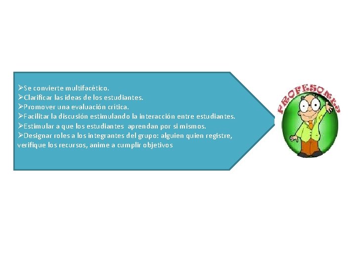 ØSe convierte multifacético. ØClarificar las ideas de los estudiantes. ØPromover una evaluación crítica. ØFacilitar