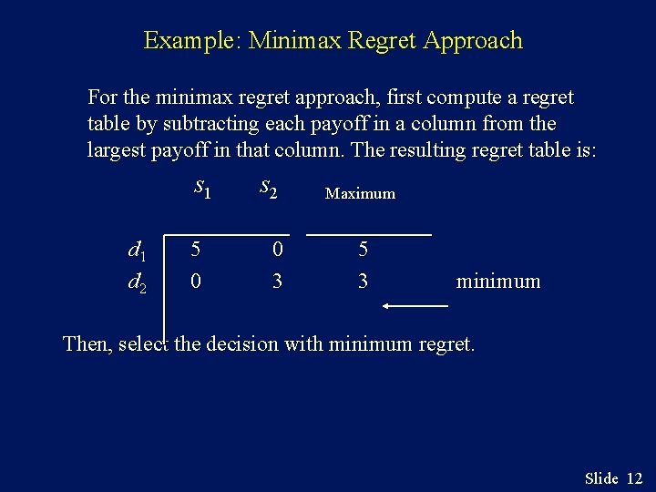 Example: Minimax Regret Approach For the minimax regret approach, first compute a regret table
