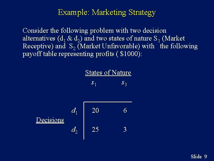 Example: Marketing Strategy Consider the following problem with two decision alternatives (d 1 &