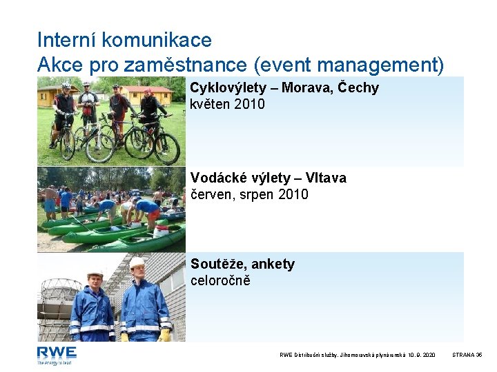 Interní komunikace Akce pro zaměstnance (event management) Cyklovýlety – Morava, Čechy květen 2010 Vodácké