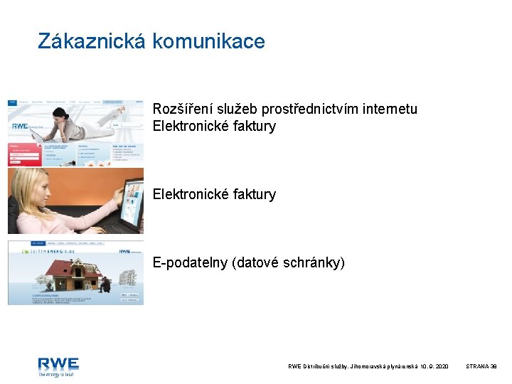 Zákaznická komunikace Rozšíření služeb prostřednictvím internetu Elektronické faktury E-podatelny (datové schránky) RWE Distribuční služby,