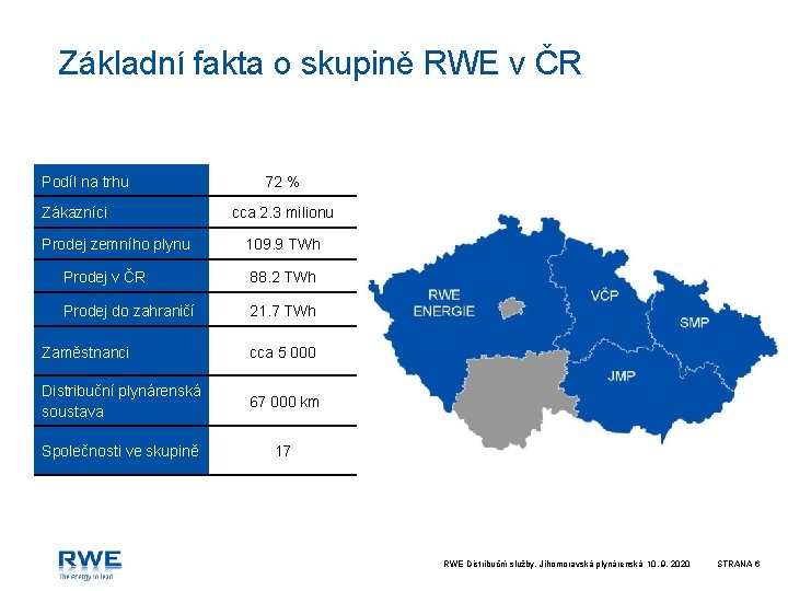 Základní fakta o skupině RWE v ČR Podíl na trhu Zákazníci Prodej zemního plynu