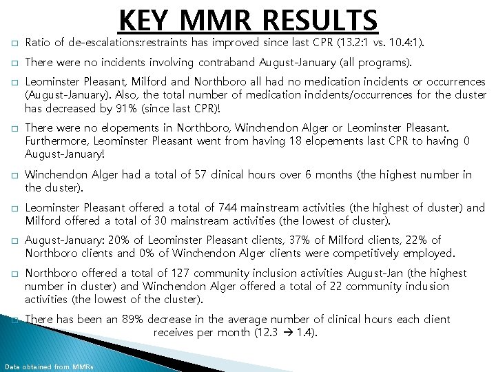 KEY MMR RESULTS � Ratio of de-escalations: restraints has improved since last CPR (13.