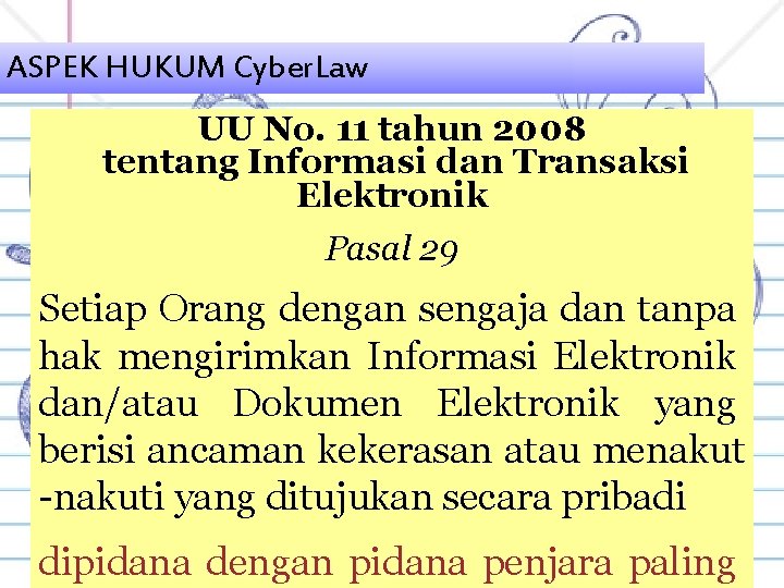 ASPEK HUKUM Cyber. Law UU No. 11 tahun 2008 tentang Informasi dan Transaksi Elektronik