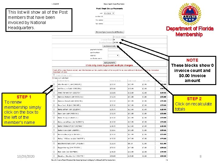 This list will show all of the Post members that have been invoiced by