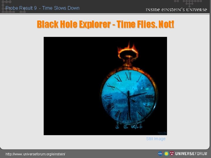 Probe Result 9 - Time Slows Down Black Hole Explorer - Time Flies. Not!