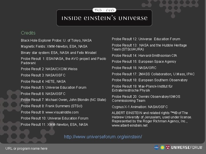 Credits Black Hole Explorer Probe: U. of Tokyo, NASA Probe Result 12: Universe Education