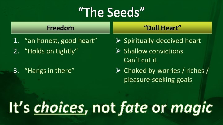 “The Seeds” Freedom 1. “an honest, good heart” 2. “Holds on tightly” 3. “Hangs