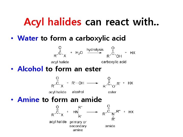 Acyl halides can react with. . • Water to form a carboxylic acid •