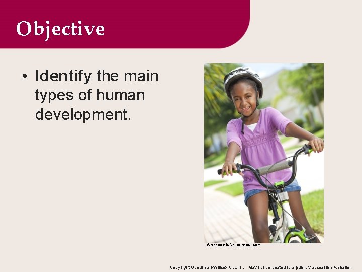 Objective • Identify the main types of human development. © spotmatik/Shutterstock. com Copyright Goodheart-Willcox