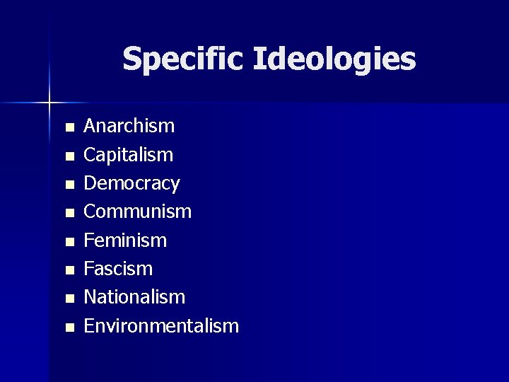 Specific Ideologies n n n n Anarchism Capitalism Democracy Communism Feminism Fascism Nationalism Environmentalism