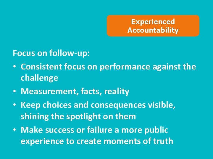 Experienced Accountability Focus on follow-up: • Consistent focus on performance against the challenge •