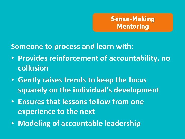 Sense-Making Mentoring Someone to process and learn with: • Provides reinforcement of accountability, no