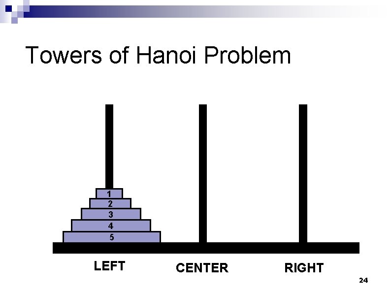 Towers of Hanoi Problem 1 2 3 4 5 LEFT CENTER RIGHT 24 