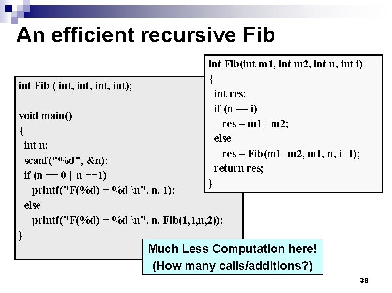 An efficient recursive Fib int Fib ( int, int); int Fib(int m 1, int