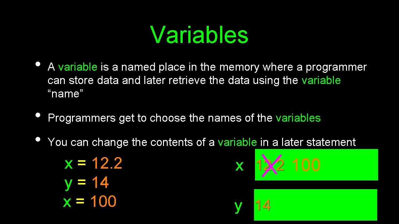 Variables • • • A variable is a named place in the memory where