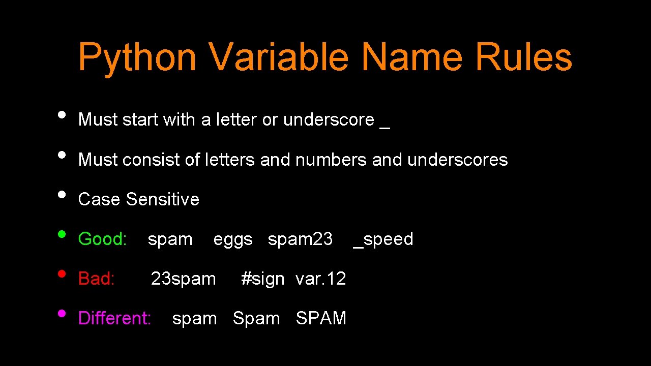 Python Variable Name Rules • • • Must start with a letter or underscore