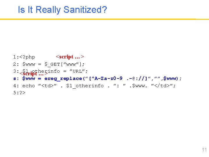 Is It Really Sanitized? 1: <? php <script …> 2: $www = $_GET[”www”]; 3: