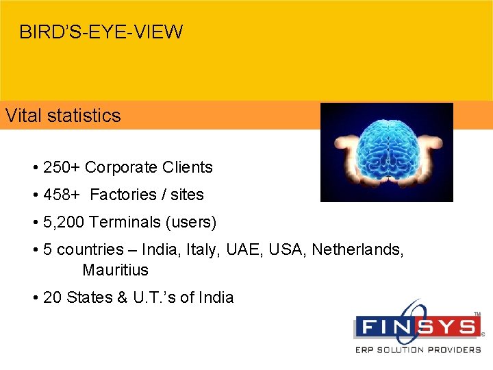 BIRD’S-EYE-VIEW Vital statistics • 250+ Corporate Clients • 458+ Factories / sites • 5,