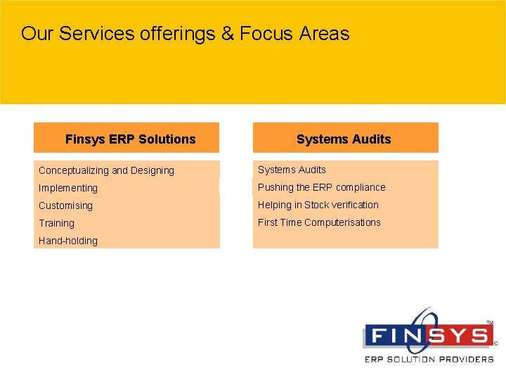 Our Services offerings & Focus Areas Finsys ERP Solutions Systems Audits Conceptualizing and Designing