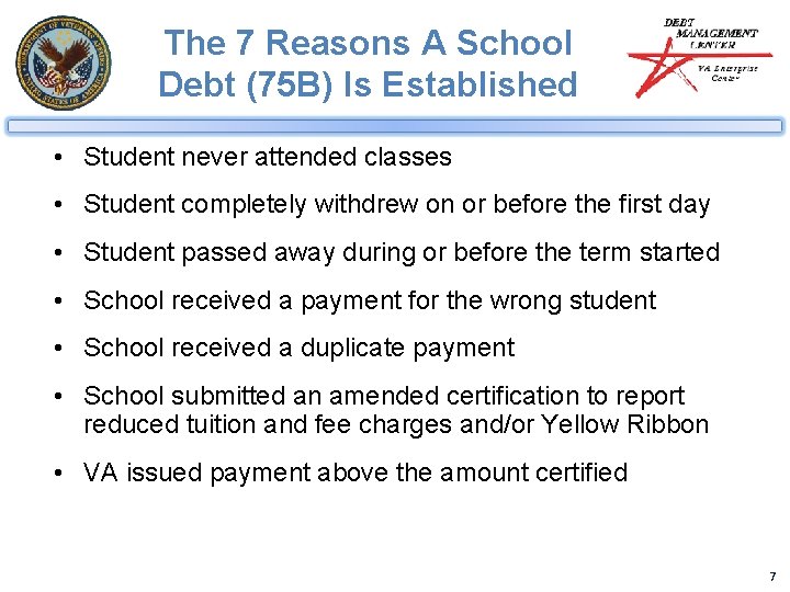 The 7 Reasons A School Debt (75 B) Is Established • Student never attended
