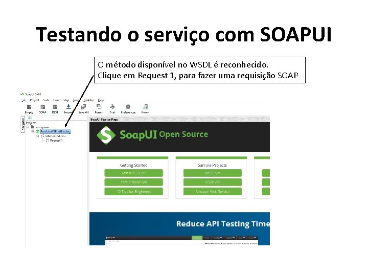 Testando o serviço com SOAPUI O método disponível no WSDL é reconhecido. Clique em