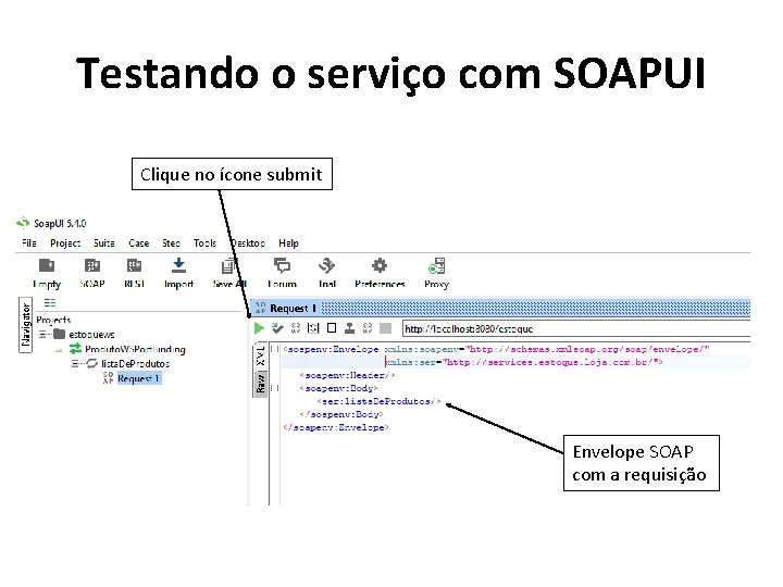 Testando o serviço com SOAPUI Clique no ícone submit Envelope SOAP com a requisição