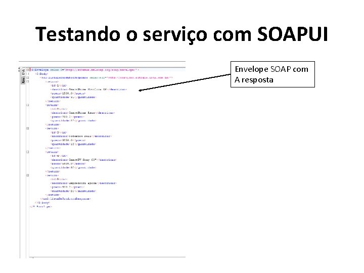 Testando o serviço com SOAPUI Envelope SOAP com A resposta 
