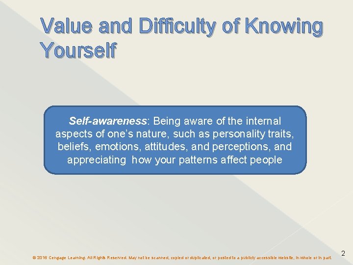 Value and Difficulty of Knowing Yourself Self-awareness: Being aware of the internal aspects of