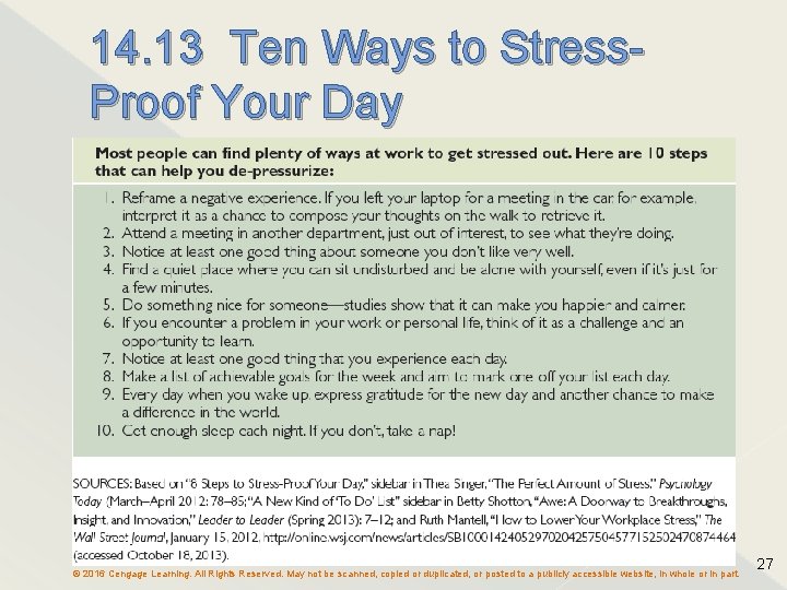 14. 13 Ten Ways to Stress. Proof Your Day © 2016 Cengage Learning. All