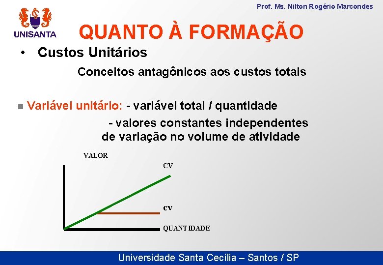 Prof. Ms. Nilton Rogério Marcondes QUANTO À FORMAÇÃO • Custos Unitários Conceitos antagônicos aos