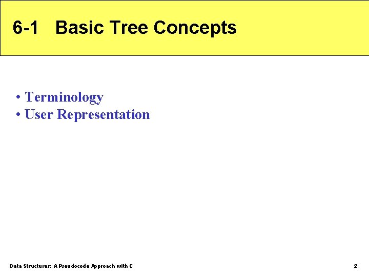 6 -1 Basic Tree Concepts • Terminology • User Representation Data Structures: A Pseudocode