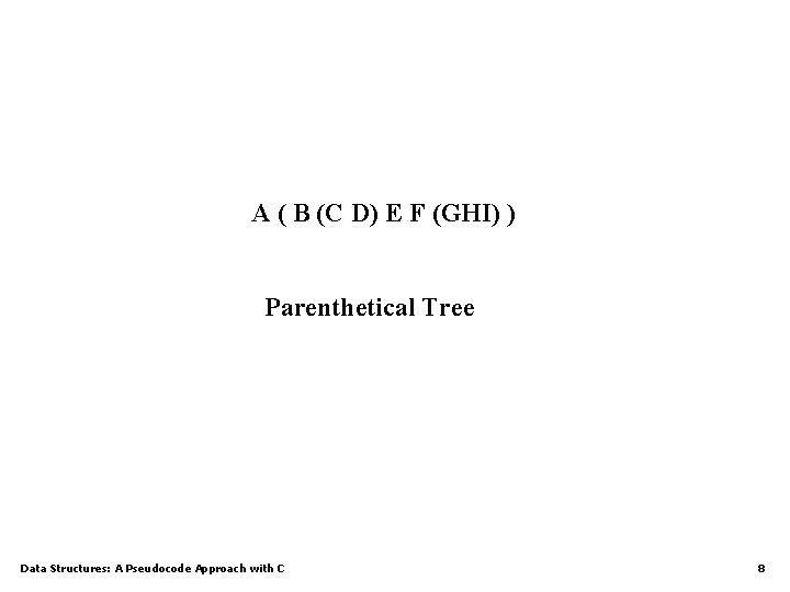 A ( B (C D) E F (GHI) ) Parenthetical Tree Data Structures: A