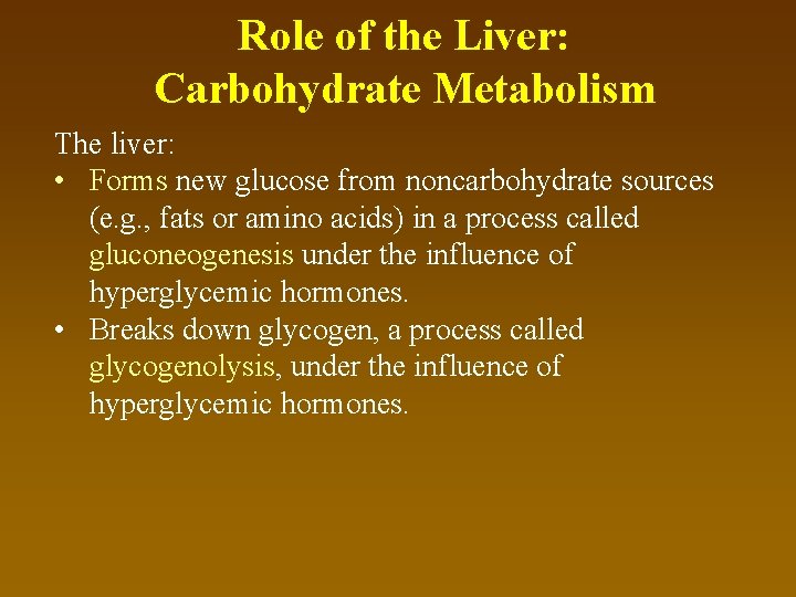 Role of the Liver: Carbohydrate Metabolism The liver: • Forms new glucose from noncarbohydrate