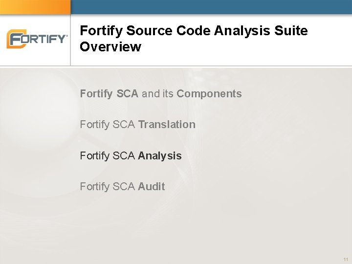Fortify Source Code Analysis Suite Overview Fortify SCA and its Components Fortify SCA Translation Fortify Source Code Analysis Suite Overview Fortify SCA and its Components Fortify SCA Translation