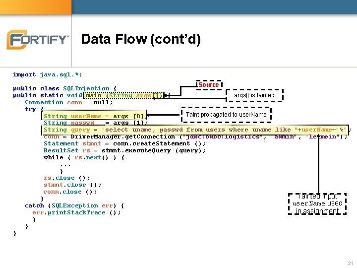 Data Flow (cont’d) import java. sql. *; Source public class SQLInjection { public static Data Flow (cont’d) import java. sql. *; Source public class SQLInjection { public static