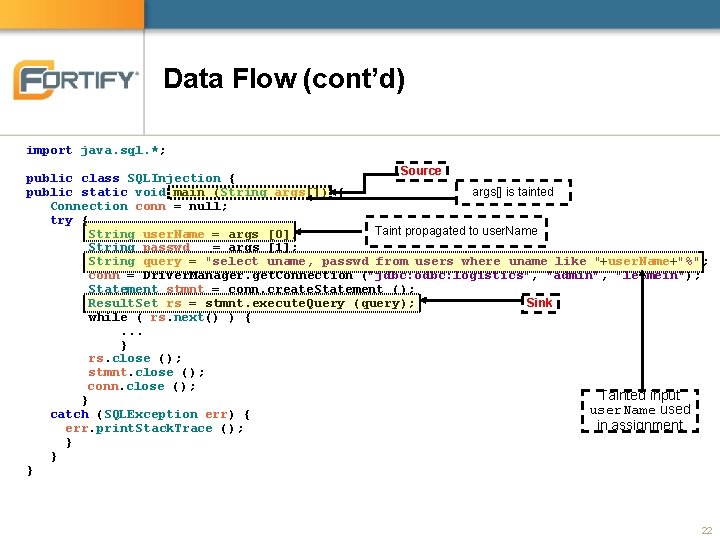 Data Flow (cont’d) import java. sql. *; Source public class SQLInjection { public static Data Flow (cont’d) import java. sql. *; Source public class SQLInjection { public static