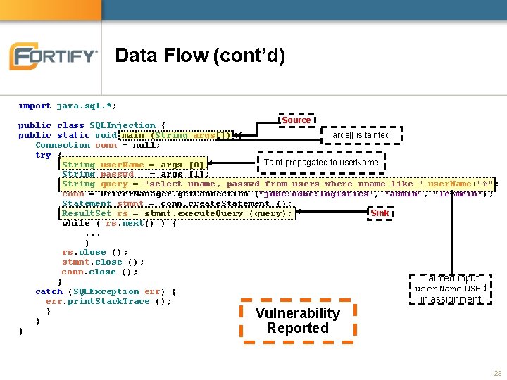 Data Flow (cont’d) import java. sql. *; Source public class SQLInjection { public static Data Flow (cont’d) import java. sql. *; Source public class SQLInjection { public static